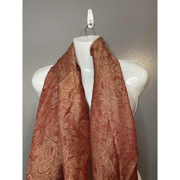 Pashmina Scarf Womens One Size Red Gold Paisley 70% Pashmina 30% Silk Fringe - Picture 1 of 6